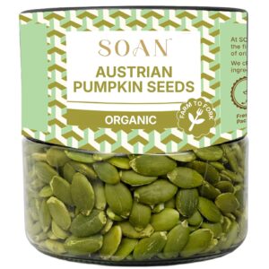 Soan Austrian Organic Pumpkin Seeds - 350g AAA+ Grade | Higher Natural Oils | Heirloom Variety | Seeds for Eating | Handpicked Finest Harvest | Supports Healthy Metabolism | Weight Management | Rich in Magnesium, Zinc, & Antioxidants